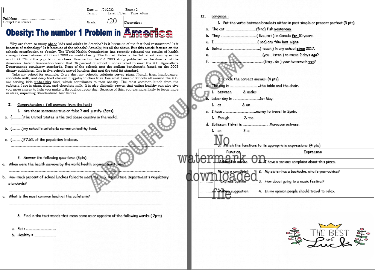 Global test 2nd semester - 1 Bac Obesity in America