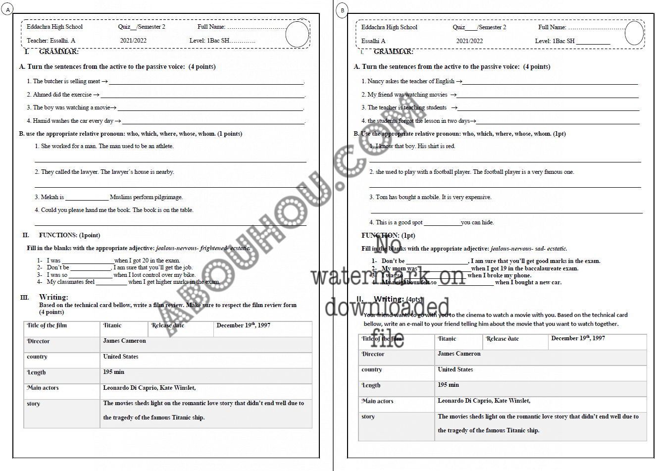 1 Bac Grammar and writing quizzes AB s2