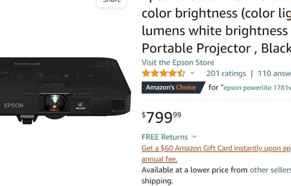 Epson PowerLite 1781W WXGA 3,200 ANSI lumens built-in WiFi Portable Projector