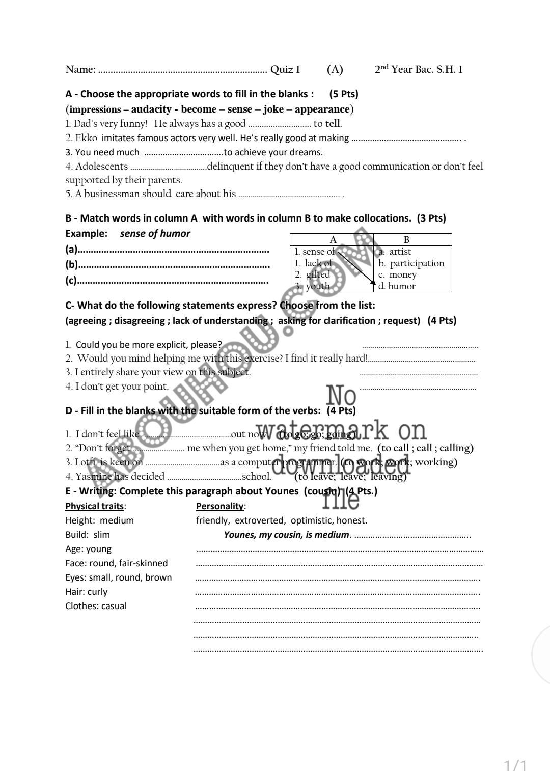 2 Bac Quiz 1 s1 language A-B