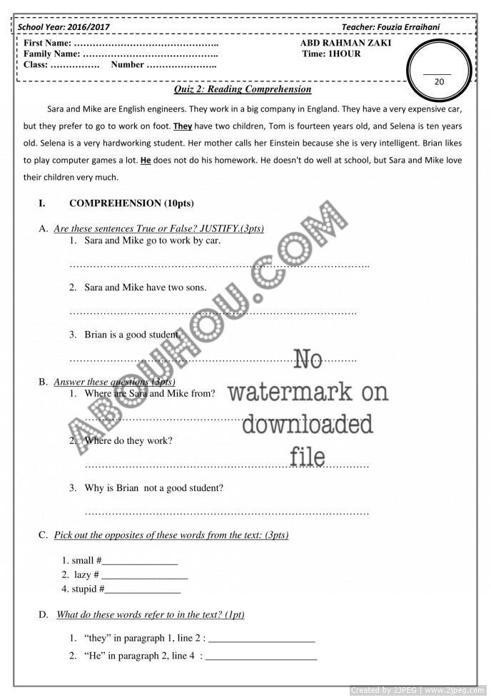 Quiz reading num 3 READING + WRITING Common Core