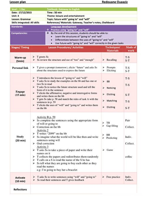 1 bac entertainment grammar will and going to lesson plan