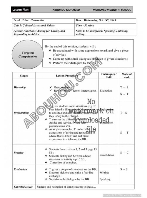 Insights LP U. 1 Cultural issues FUNCTIONS Advice  Lesson Plan 2Bac