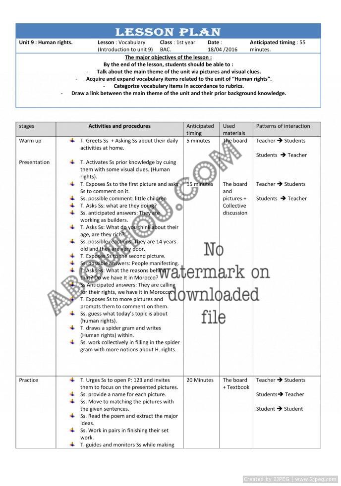 Gateway 1 Bac Lp unit 9 Introduction to a new unit (Human rights) 1st year BAC lesson plan