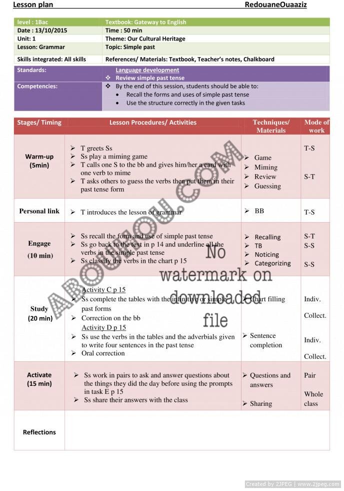 Gateway 1 bac U.1 lp our cultural heritage grammar simple pastlesson plan