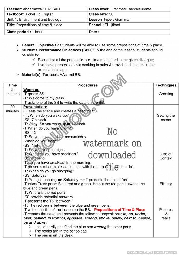 Ticket 1 Bac Lp Comp3 U.4 Prepositions of time & place lesson plan
