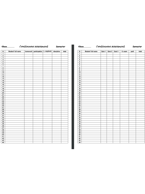Continuous assessment sheet - Grades log sheets