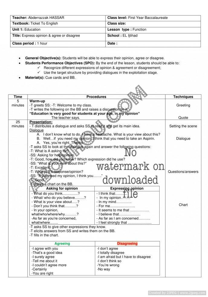 Ticket 1 Bac Lp Comp3 U.1 Function Lesson Plan lesson plan