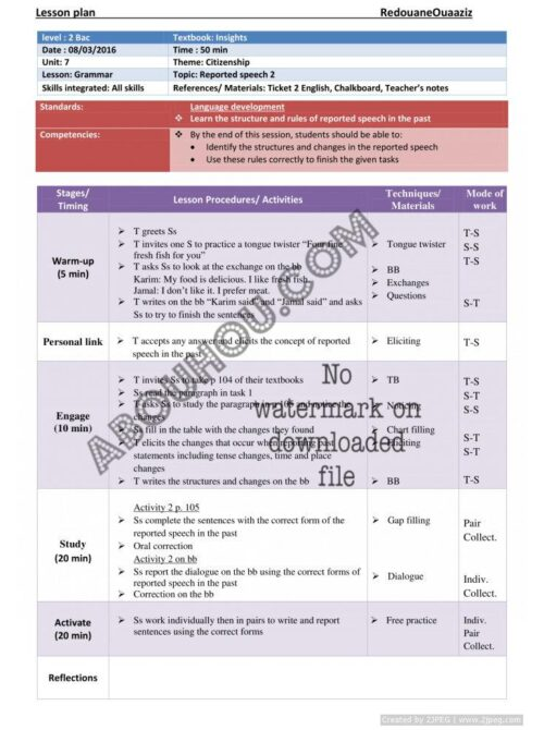 Insights U.7 LP 2 bac citizenship grammar reported speech 2 Lesson Plan