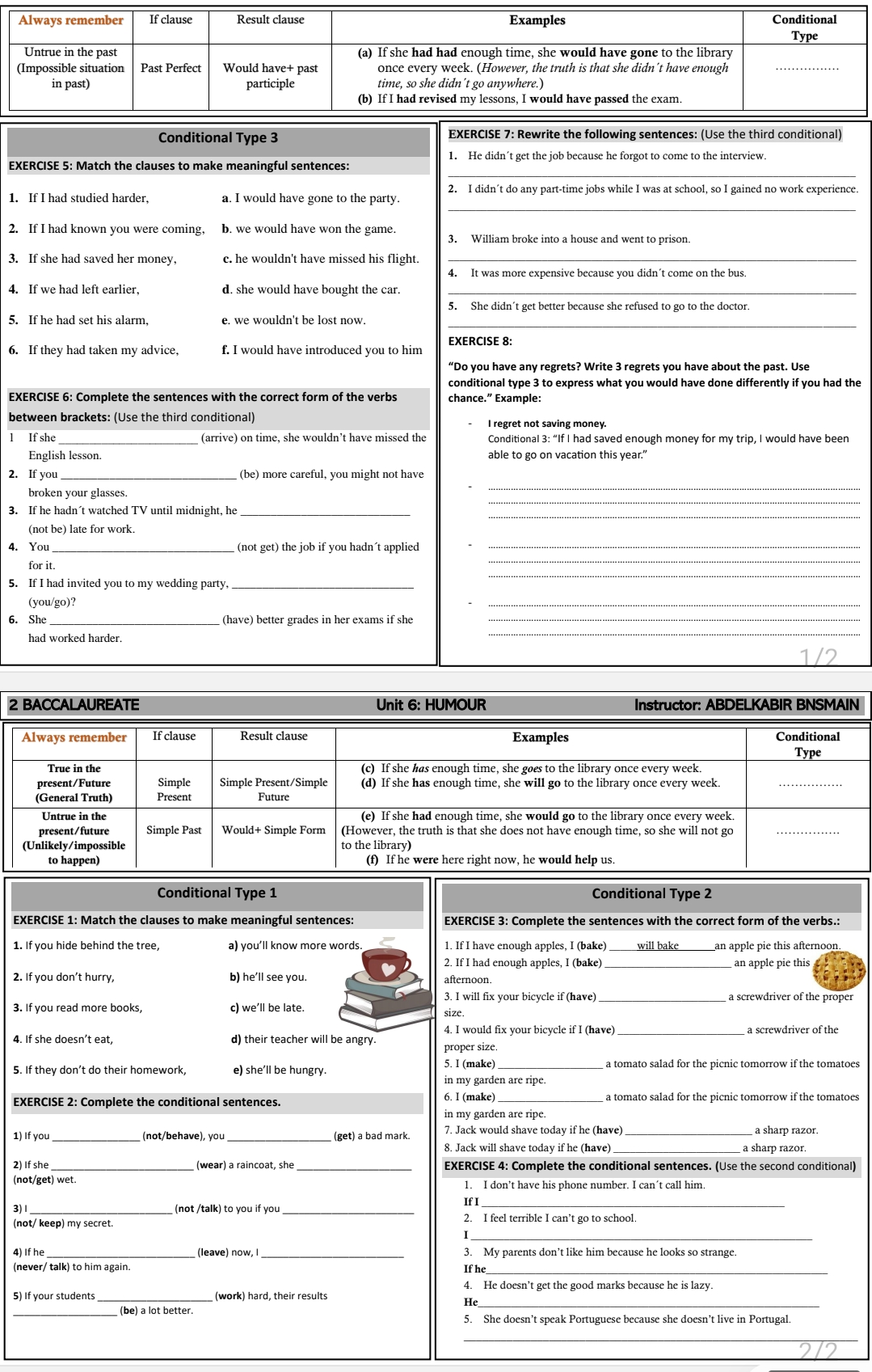 Conditionals 1-3 Worksheets 2 Bac