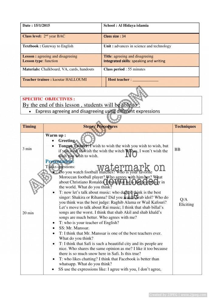 z Mixed Gateway LP agreeing and disagreeing 2nd bac Lesson Plan 2Bac