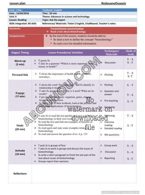 Insights U.9 LP 2 bac advances in science and technology reading Lesson Plan