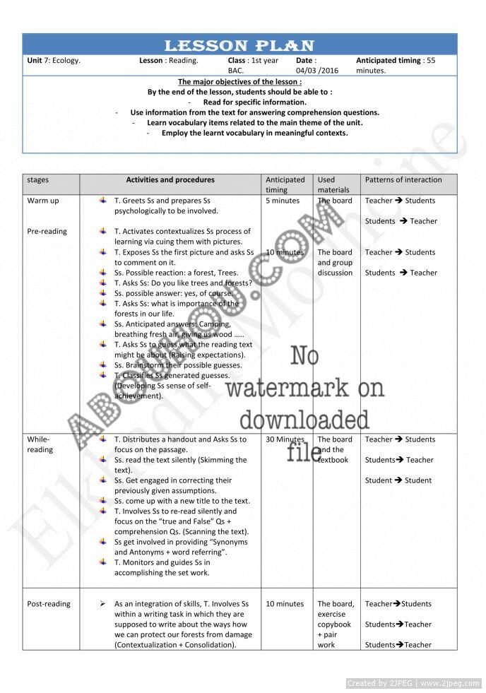 Gateway 1 Bac Lp Unit 7 Reading (Forests protection) 1st year BAC lesson plan