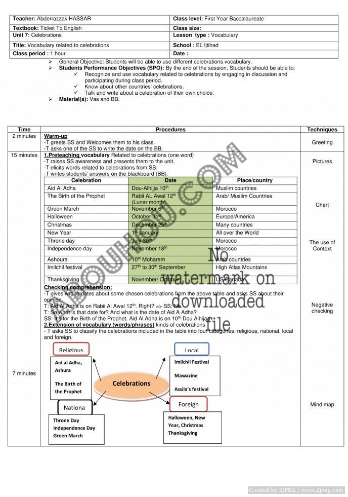 Ticket 1 Bac Lp Comp3 U.7 Voc. Celebrations lesson plan