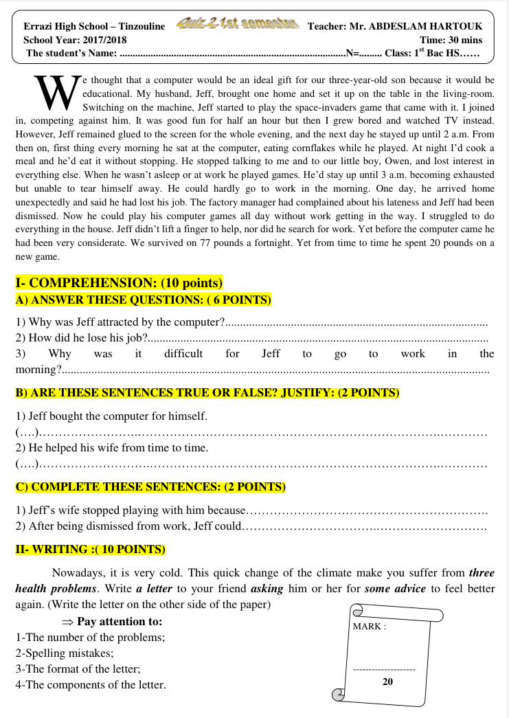 1st bac Quiz 2 s2 reading-writing