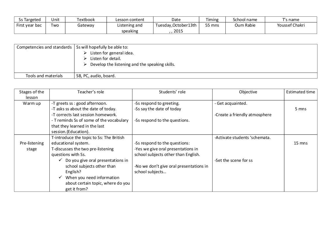 listening Unit 2 education 1st back lesson plan