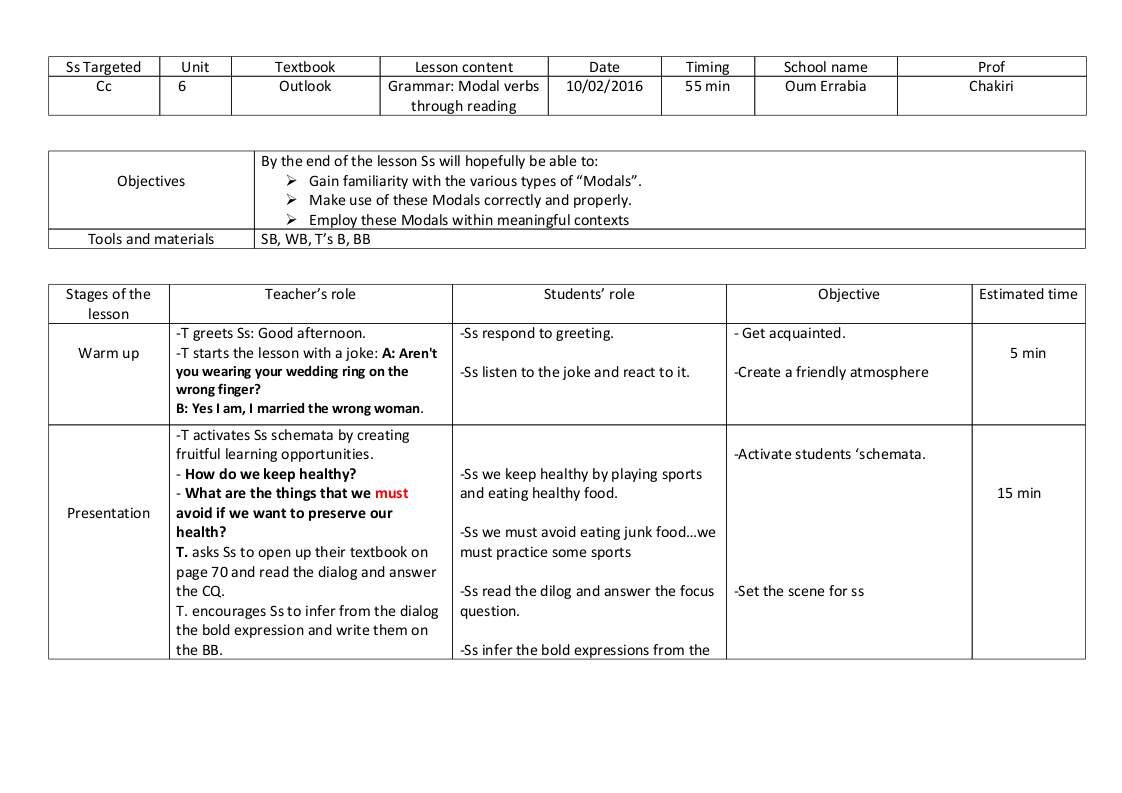 modals verbs unit 6 outlook -CC lesson plan