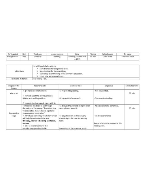 reading First year bac Gateway P29 lesson plan