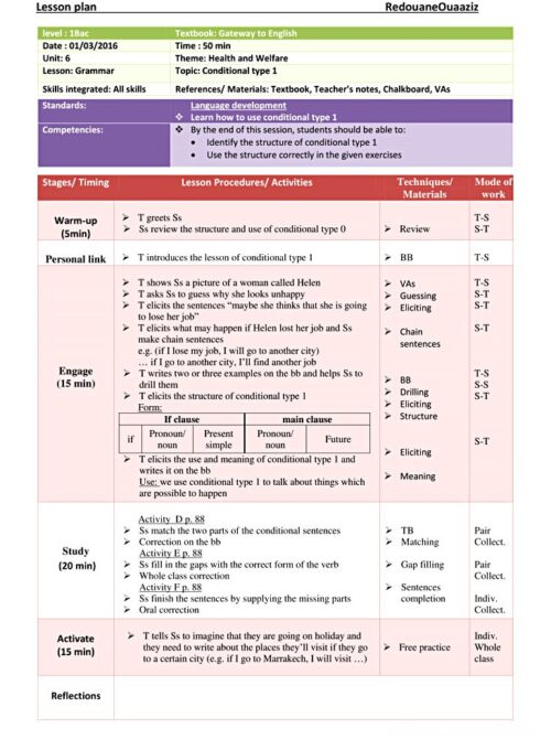 1 bac health and welfare grammar cond t 1 lesson plan