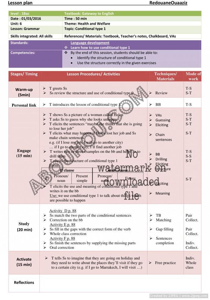 Gateway U.6 Lp 1 bac health and welfare grammar cond t 1lesson plan