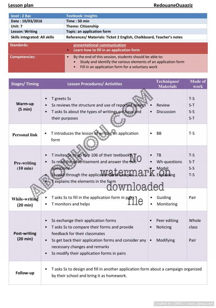 Insights U.7 LP 2 bac citizenship writing an application form Lesson Plan