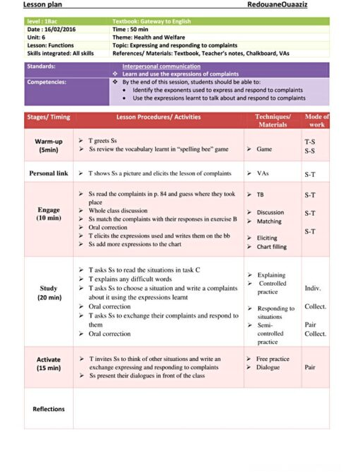 1 bac health and welfare functions complaints lesson plan