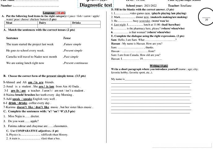 DIAGNOSTC TEST 1st bac 2021 2022.