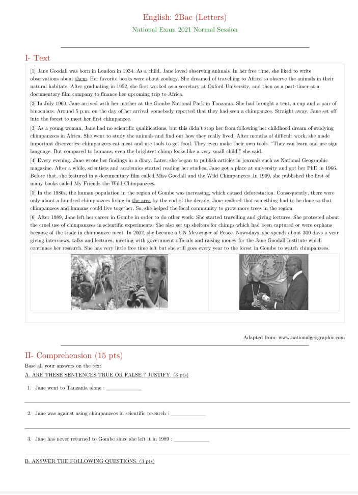 National exam 2021 normal session letters Arts11