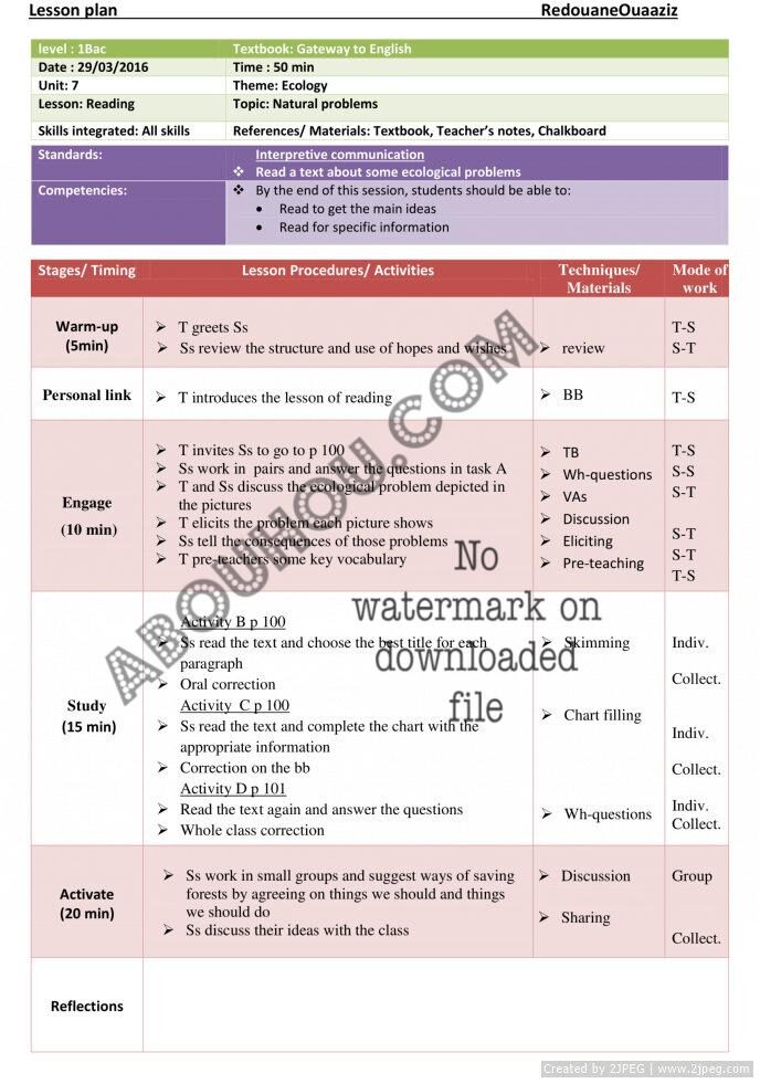 Gateway U.7 Lp 1 bac ecology readinglesson plan