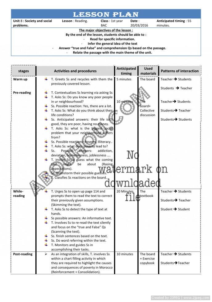 Gateway 1 Bac Lp unit 8 Reading (poverty in Morocco) 1st year BAC lesson plan