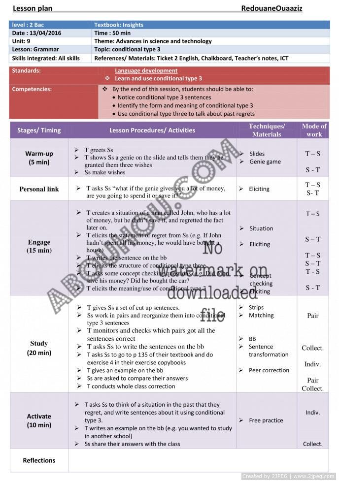 Insights U.9 LP 2 bac advances in science and technology grammar conditional type 3 Lesson Plan