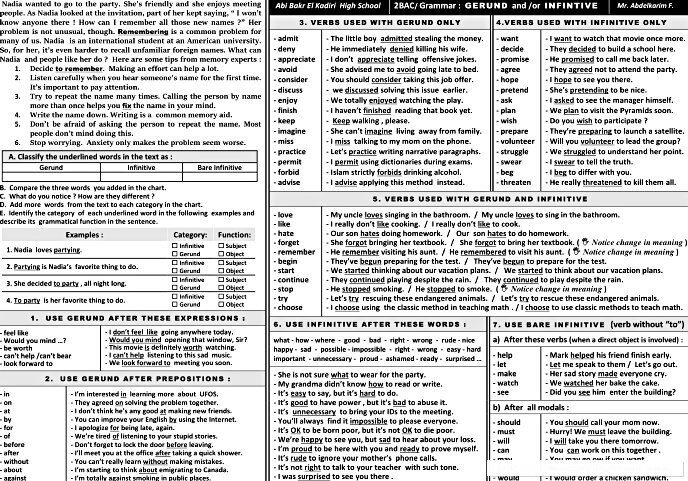 2nd Bac Gerund and Infinitive A summary and practice lesson