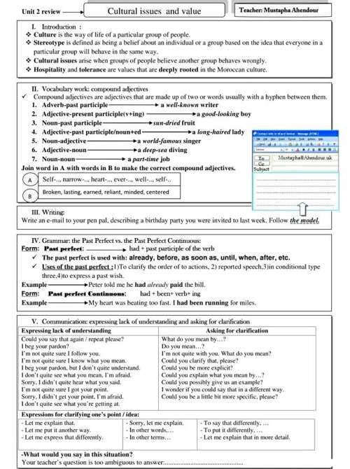 Unit 2 Cultural Issues values review compound adj email past perfect continuous Lack of understanding Review