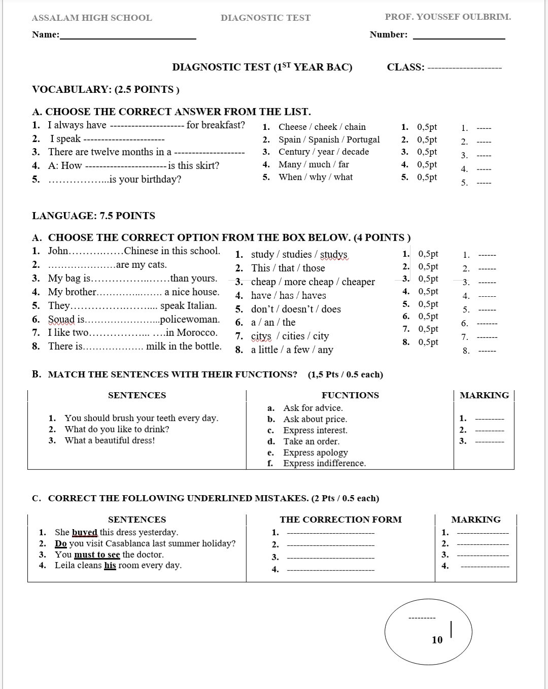 diagnostic test 1st Bac