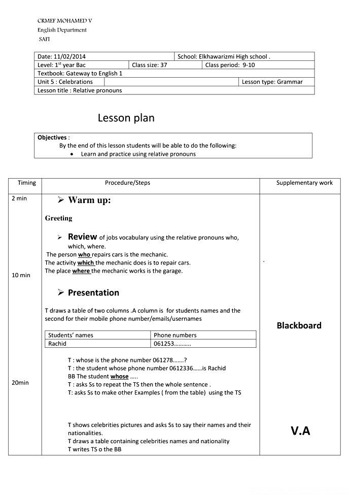 Relative Pronouns 1st bac lesson plan.