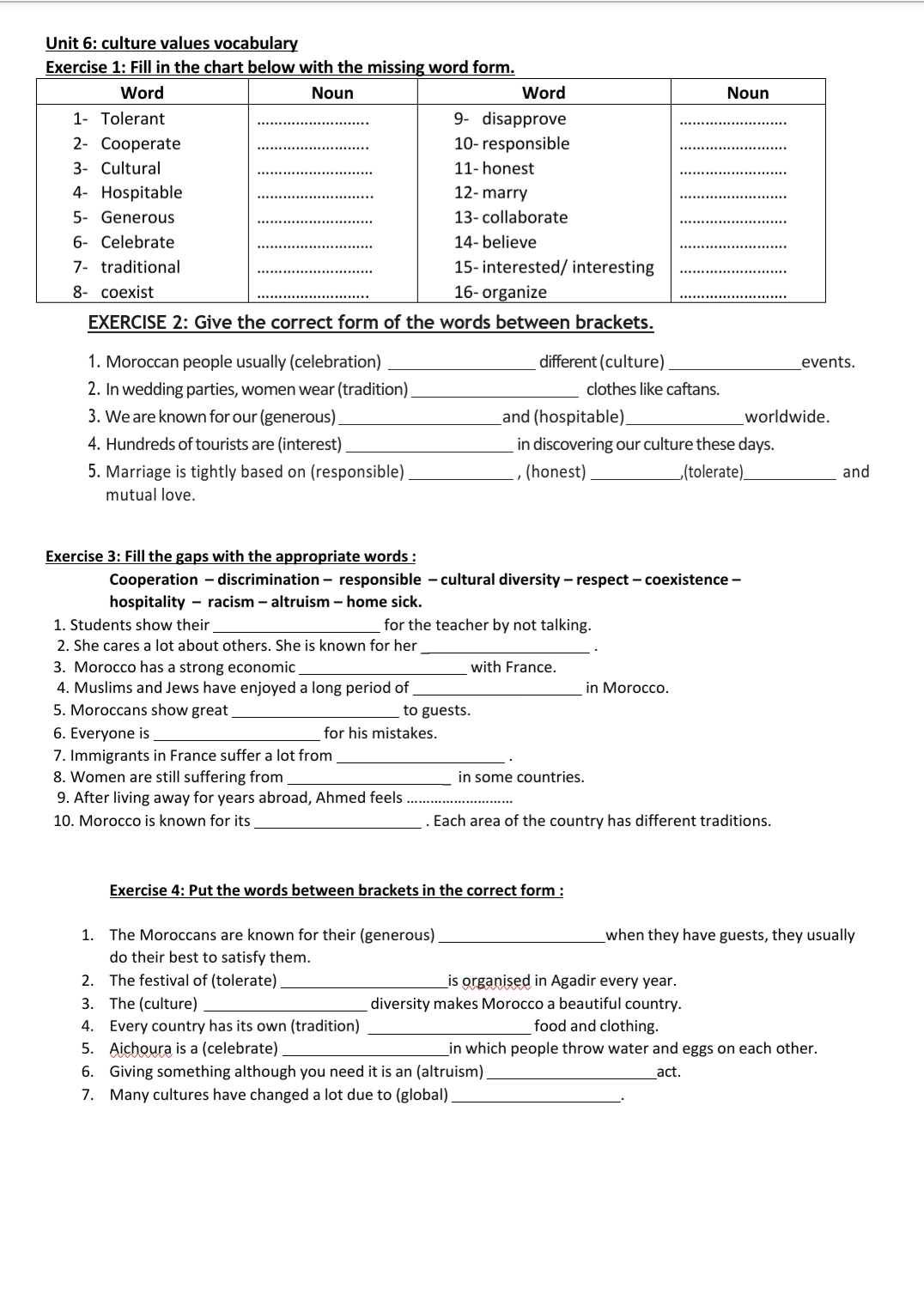 Cultural Issues and values vocabulary practice savoir