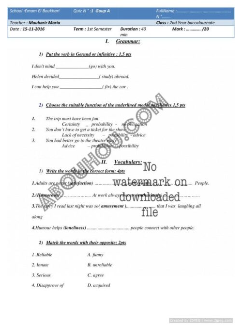 2 bac quiz 1  unit 1 and 2 ticket 2 English