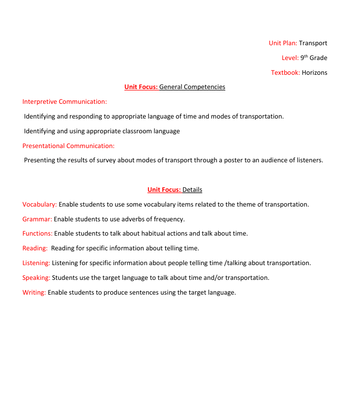 9th grade Unit 7 PLAN Transportation