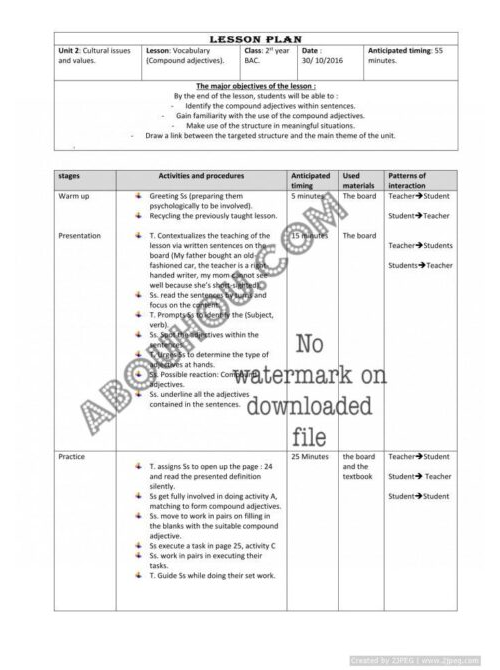 z Mixed Gateway LP Unit2 Vocabulary Compund adjectives 2st year BACLesson Plan 2Bac