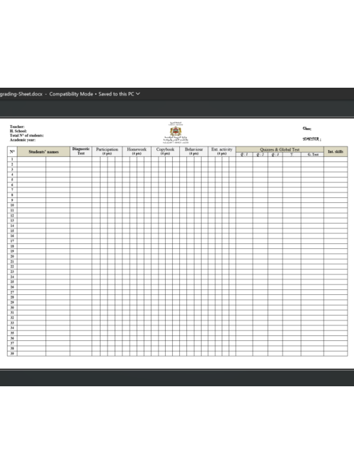 Grading sheet - Continuous assessment sheet