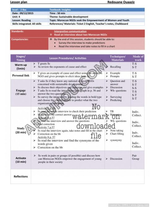 Insights U.4 LP 2 bac sustainable development reading Lesson Plan