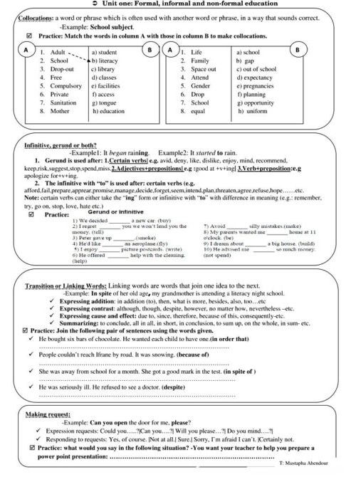 Unit 1 Formal informal Review Vocab Gerund linking words and request Review