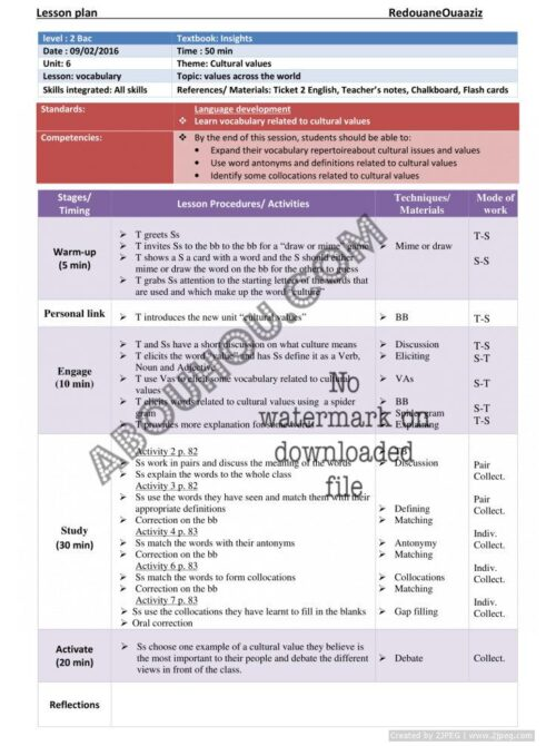 Insights U.6 LP 2 bac cultural values vocabulary Lesson Plan