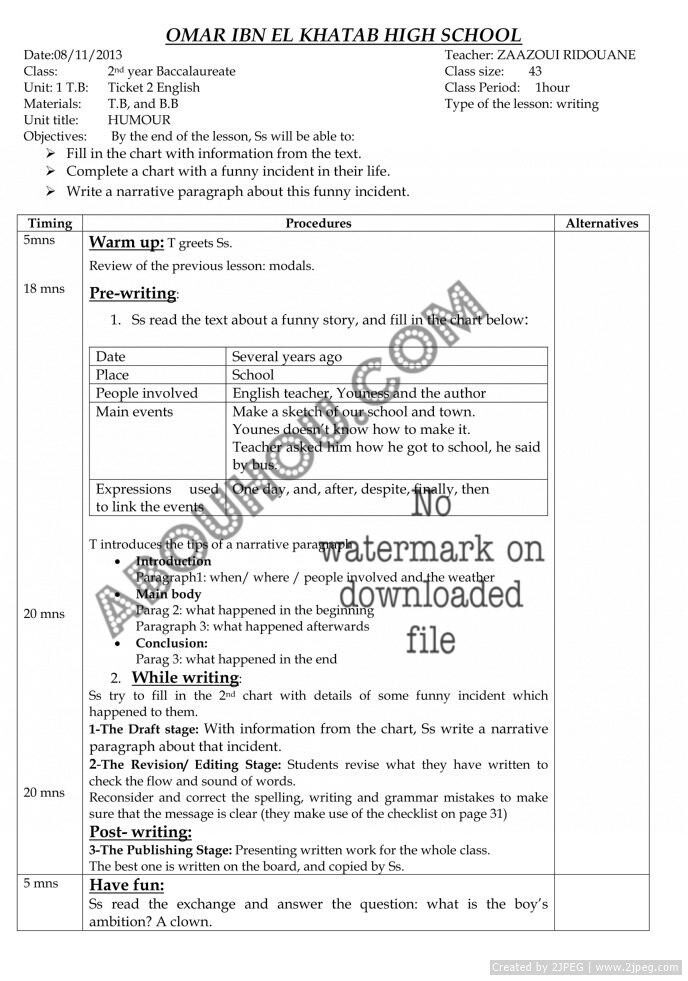 z Mixed Ticket LP writing unit 2 writing Useful expressions and tips to write a narrative story Lesson Plan 2Bac