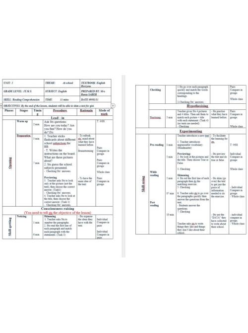 Reading comprehension Lesson plan for Horizons