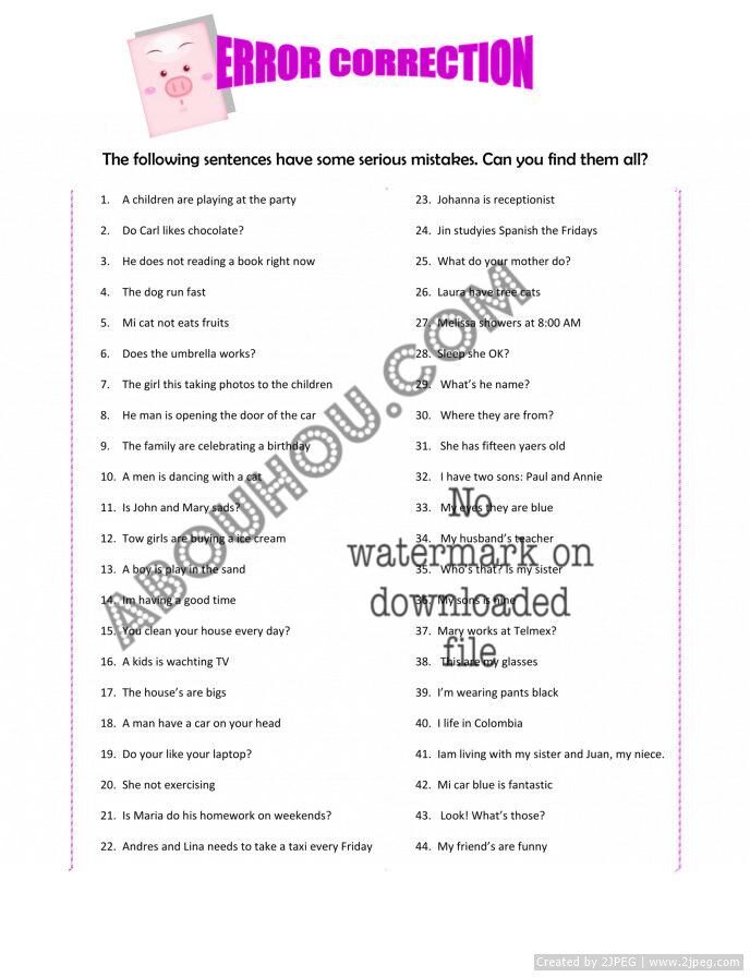 Sentence Find Error Error Correction -Find errors in basic sentences.doc