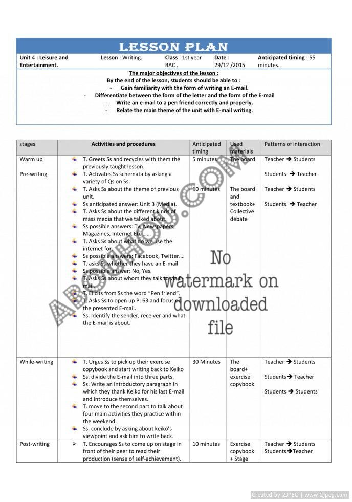 Gateway 1 Bac Lp Unit 4 writing (writing an Email) 1st year BAC lesson plan