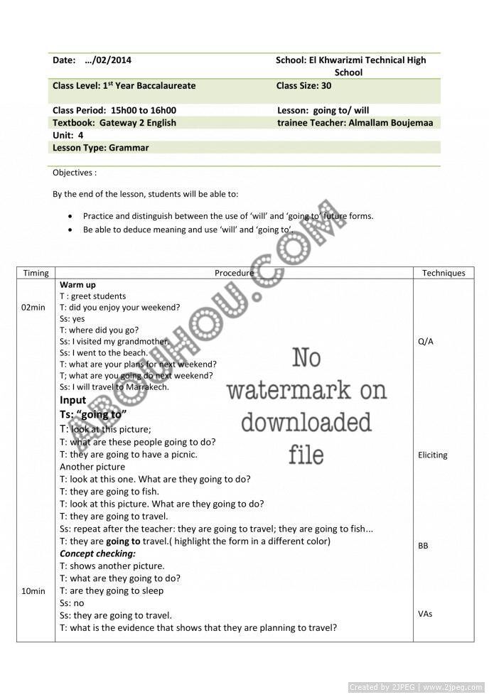 z Mixed Gateway LP be going to vs will Lesson Plan 2Bac