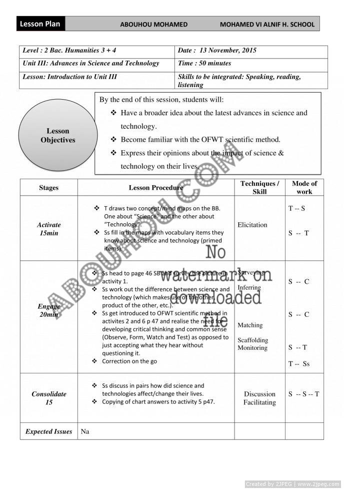 Insights LP U. 3 Advances in Science and Technology Introduction to III Lesson Plan 2Bac