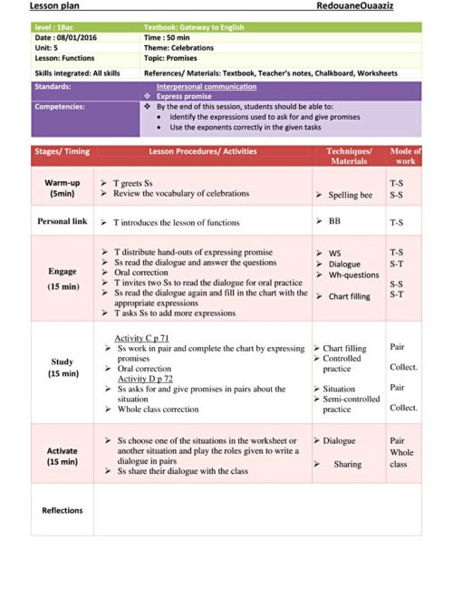 1 bac celebrations functions promises lesson plan